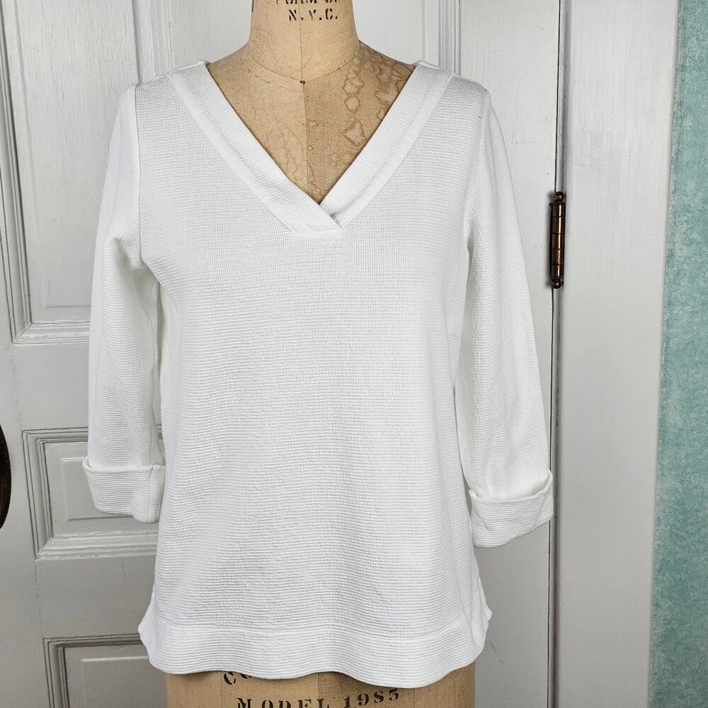 Top JJill white knit 3/4 sleeve soft casual travel summer blouse Small